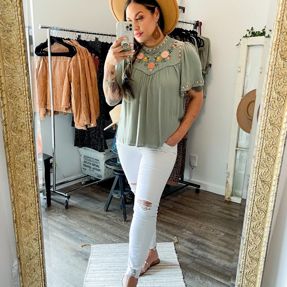 Embroidered Sage Bohemian Blouse - Picture 4 of 4
